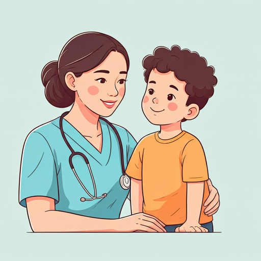 Illustration of a caring nurse smiling with a happy child in a playful, colorful medical daycare setting