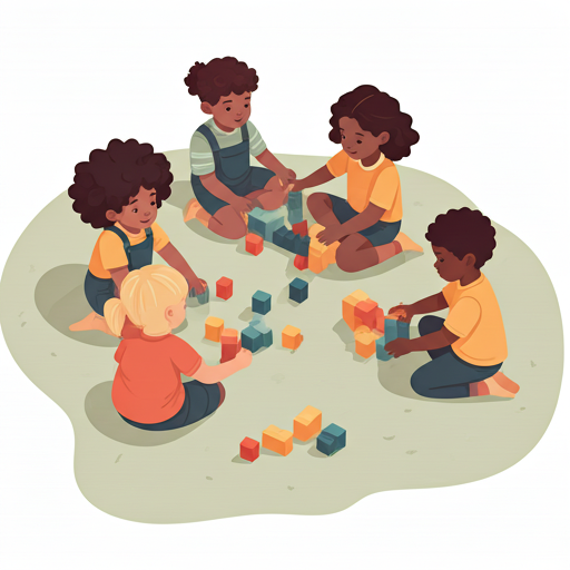 Group of diverse children playing with colorful blocks on a soft carpet