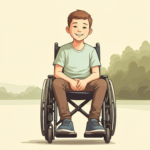 Happy young boy in a wheelchair smiling outdoors