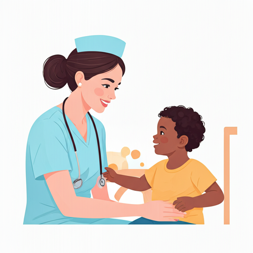 Nurse playing with a smiling child in a bright room with toys